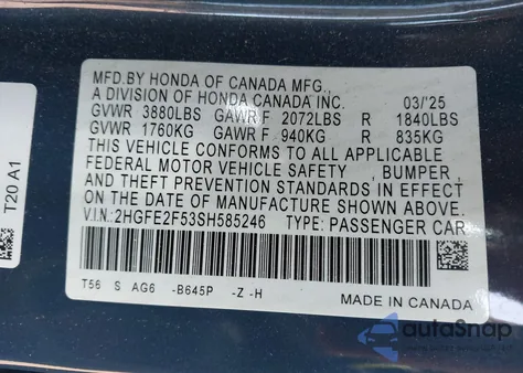 2025 Honda Civic Sport from USA, damaged, VIN 2HGFE2F53SH585246